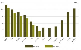 Wykres 2. Zużycie gazu ziemnego w Niemczech w poszczególnych miesiącach 2021 i 2022 r.